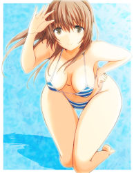 Rule 34 | 1girl, barefoot, bikini, breasts, brown eyes, brown hair, curvy, dead or alive, hand on own hip, kasumi (doa), kettsu, kneeling, large breasts, leaning forward, long hair, looking at viewer, medium breasts, smile, solo, striped bikini, striped clothes, swimsuit, thigh gap, wide hips