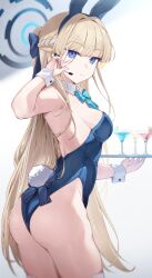 Rule 34 | 1girl, animal ears, aqua bow, aqua bowtie, ass, blonde hair, blue archive, blue bow, blue bowtie, blue leotard, blurry, bow, bowtie, breasts, cup, depth of field, detached collar, drinking glass, earpiece, fake animal ears, fake tail, foreshortening, halo, highleg, highleg leotard, highres, holding, holding tray, leotard, long hair, looking at viewer, medium breasts, neshia (tsaqif0309), official alternate costume, playboy bunny, rabbit ears, rabbit tail, sideboob, solo, strapless, strapless leotard, tail, thighs, toki (blue archive), toki (bunny) (blue archive), tray, v, white wrist cuffs, wrist cuffs