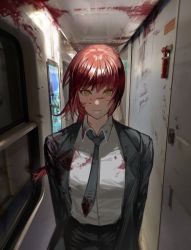 Rule 34 | 1girl, absurdres, black jacket, black necktie, black pants, black suit, blood, blood on clothes, blood on face, blood on wall, blouse, braid, chainsaw man, collared shirt, commentary, cowboy shot, expressionless, formal, hanny (uirusu chan), highres, jacket, long hair, looking at viewer, makima (chainsaw man), necktie, open clothes, open jacket, pants, red hair, ringed eyes, shirt, single braid, solo, standing, suit, train interior, white shirt, window