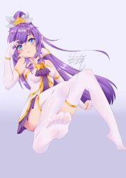 Rule 34 | 1girl, absurdres, blue eyes, blush, feet, highres, janna (league of legends), league of legends, long hair, looking at viewer, parted lips, pointy ears, ponytail, purple hair, see-through, see-through legwear, soles, toes, white legwear