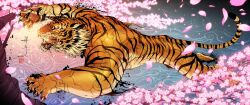 Rule 34 | animal, animal ears, animal focus, artist name, branch, cherry blossoms, claws, fangs, full body, godtail t, highres, ink splatter, jumping, metal skin, open mouth, orange eyes, original, sharp teeth, slit pupils, solo, tail, teeth, tiger, tree, wind