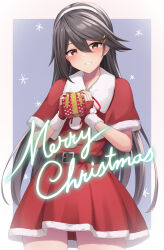 Rule 34 | 1girl, akahi242, belt, black belt, black hair, blush, box, brown eyes, capelet, cowboy shot, fingerless gloves, gift, gift box, gloves, hair between eyes, hair ornament, hairband, hairclip, haruna (kancolle), highres, holding, holding gift, kantai collection, long hair, merry christmas, open mouth, pom pom (clothes), red capelet, red gloves, santa costume, smile, solo, white hairband