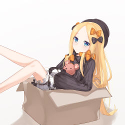 Rule 34 | 1girl, abigail williams (fate), artist request, black bow, black hat, blonde hair, blue eyes, bow, box, dress, fate/grand order, fate (series), gradient background, hair bow, hat, highres, in box, in container, long hair, long sleeves, looking at viewer, orange bow, parted bangs, polka dot, polka dot bow, simple background, sleeves past fingers, sleeves past wrists, solo, stuffed animal, stuffed toy, teddy bear, very long hair, white background