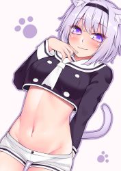 Rule 34 | 1girl, :3, animal ear fluff, animal ears, bad id, bad pixiv id, blush, breasts, buttons, cat ears, cat girl, cat tail, closed mouth, crop top, crossed bangs, double-breasted, hairband, hand to own mouth, highres, hololive, ishiusu, long sleeves, looking at viewer, micro shorts, navel, necktie, nekomata okayu, nekomata okayu (casual), paw print, purple eyes, purple hair, sailor collar, school uniform, serafuku, short hair, shorts, small breasts, smile, solo, stomach, tail, virtual youtuber, white necktie, white sailor collar, white shorts