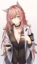Rule 34 | 1girl, 3 small spiders, absurdres, animal ears, black choker, black shirt, blush, breasts, choker, closed mouth, coffee cup, collarbone, commentary, cup, disposable cup, girls&#039; frontline, girls&#039; frontline neural cloud, hand on own chest, highres, holding, holding cup, lips, long hair, long sleeves, looking at viewer, medium breasts, open clothes, open robe, persica (girls&#039; frontline), pink hair, red eyes, robe, shirt, solo, standing, upper body, white background, white robe