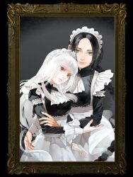 Rule 34 | 2girls, albino, apron, black dress, black hair, blunt bangs, braid, dress, fata morgana no yakata, green eyes, head tilt, highres, holding another&#039;s arm, kane mune, long hair, long sleeves, looking at viewer, maid, maid apron, maid headdress, multiple girls, official art, parted lips, picture frame, red eyes, smile, the maid (fata morgana no yakata), the white-haired girl (fata morgana no yakata), upper body, white hair