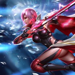 Rule 34 | 1girl, absurdres, armor, boobplate, boots, breastplate, breasts, cape, crystal, final fantasy, final fantasy xiii, gloves, glowing, glowing weapon, highres, knee pads, liang xing, lightning farron, lightning returns: final fantasy xiii, looking to the side, medium breasts, pink hair, popped collar, running, shards, shield, solo, square enix, sweat, sword, thigh boots, thighhighs, weapon