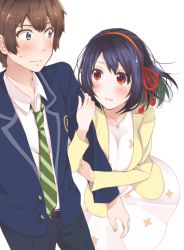 Rule 34 | 1boy, 1girl, aged up, arm hug, black hair, blue eyes, blue jacket, blush, brown hair, check commentary, commentary request, dress, eye contact, green necktie, hair ribbon, jacket, jewelry, kimi no na wa., long sleeves, looking at another, miyamizu mitsuha, multicolored ribbon, necklace, necktie, open mouth, orange ribbon, red eyes, red ribbon, ribbon, school uniform, short hair, star (symbol), star necklace, striped necktie, striped neckwear, sweatdrop, tachibana taki, yellow jacket
