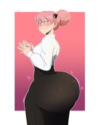 Rule 34 | 1girl, absurdres, aged up, anya (spy x family), ass, blush, breasts, clothes, curvy, female focus, green eyes, hair bun, heart, highres, huge ass, long hair, looking at viewer, medium breasts, pink hair, shirt, smile, smug, solo, spy x family, thick thighs, thighs, white shirt, wide hips, yamathegod