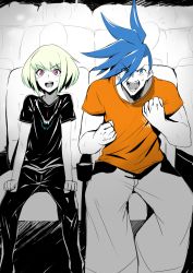 Rule 34 | 2boys, absurdres, blonde hair, blue hair, casual, clenched hands, galo thymos, highres, lio fotia, male focus, movie theater, multiple boys, open mouth, promare, purinnssu, purple eyes, shirt, short hair, smile, spiked hair, t-shirt