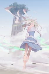 Rule 34 | 10s, 1girl, barefoot, blonde hair, blue eyes, breasts, diana cavendish, dress, elbow gloves, female focus, gloves, highres, leaf, little witch academia, long hair, looking at viewer, looking back, magic, maredoro, outdoors, small breasts, smoke, solo, very long hair, wand