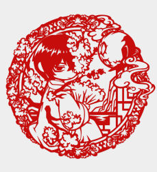 Rule 34 | 1boy, branch, coat, faux traditional media, flaw eight, flower, folding fan, hair flower, hair ornament, hanbok, hand fan, holding, holding fan, korean clothes, lattice, limbus company, long sleeves, male focus, monochrome, moon, paper cutout (medium), project moon, red theme, sitting, solo, wide sleeves, wings, yi sang (project moon)
