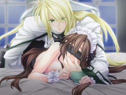 Rule 34 | 1boy, 1girl, bishounen, blindfold, blonde hair, breasts, brown hair, eyes visible through hair, finger in another&#039;s mouth, finger sucking, ijiwaru my master, large breasts, long hair, lying, maid, maid headdress, nipples, on stomach, topless, toujou sakana, wrist cuffs