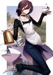 Rule 34 | 1girl, apron, black choker, black footwear, black shirt, blue pants, blurry, blurry background, blush, breasts, chainsaw man, choker, closed mouth, cluseller, collarbone, commentary, cup, denim, foot out of frame, green eyes, grenade pin, hair between eyes, hair bun, holding, holding cup, holding teapot, jeans, long sleeves, looking at viewer, pants, purple hair, reze (chainsaw man), saucer, shirt, shoes, short hair, single hair bun, small breasts, smile, solo, standing, standing on one leg, t-shirt, teacup, teapot, tree, watermark, white apron