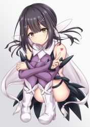 Rule 34 | 1girl, arata (xin), ass, bare shoulders, black hair, blush, boots, breasts, brown eyes, commentary request, fate/kaleid liner prisma illya, fate (series), hair between eyes, hair ornament, hair ribbon, hairclip, heart, highres, long hair, long sleeves, looking at viewer, miyu edelfelt, revision, ribbon, simple background, small breasts, smile, solo, thighhighs, twintails, white background, white footwear, white ribbon