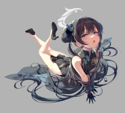 Rule 34 | 1girl, absurdres, black dress, black footwear, black hair, blue archive, blush, butterfly hair ornament, china dress, chinese clothes, double bun, dragon print, dress, flat chest, grey background, grey eyes, grey halo, hair bun, hair ornament, halo, high heels, highres, kisaki (blue archive), long hair, looking at viewer, lying, on stomach, open mouth, simple background, solo, tel-o, the pose, twintails