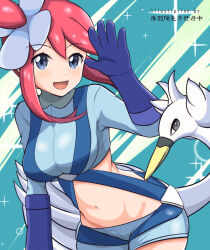Rule 34 | 1girl, :d, bird, blue gloves, blue jacket, blue shorts, commentary request, creatures (company), cropped jacket, eyelashes, game freak, gen 5 pokemon, gloves, green background, grey eyes, hair ornament, hand up, highres, jacket, midriff, navel, nintendo, one side up, open mouth, partial commentary, pink hair, pokemon, pokemon (creature), pokemon bw, short hair with long locks, short shorts, shorts, sidelocks, skyla (pokemon), smile, sparkle, swanna, turtleneck, usuba kagerou (shougyouchu)
