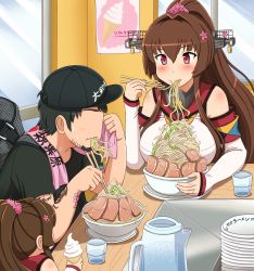 Rule 34 | 10s, 1boy, 2girls, artist self-insert, bare shoulders, baseball cap, beard, black hair, bowl, breasts, brown hair, chopsticks, commentary request, detached sleeves, eating, facial hair, flower, food, glass, hair between eyes, hair flower, hair ornament, hat, highres, ice cream, ice cream cone, jewelry, kantai collection, ko-yamato, large breasts, long hair, multiple girls, noodles, pitcher (container), purple eyes, ramen, ring, shin&#039;en-san (shin&#039;en), shin&#039;en (gyokuro company), tattoo, translation request, very long hair, wedding band, wedding ring, yamato (kancolle)