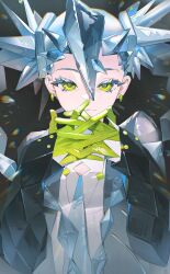 Rule 34 | 1girl, absurdres, blue hair, closed mouth, commentary, creatures (company), crystal hair, diamond cutout, earrings, game freak, gloves, green eyes, green gloves, hair between eyes, hatsune miku, highres, ice hair, ice miku (project voltage), jewelry, long sleeves, looking at viewer, neonneon321, nintendo, pokemon, project voltage, simple background, solo, symbol-only commentary, twintails, upper body, vocaloid