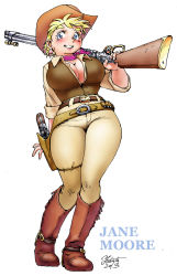 Rule 34 | 1girl, belt, blonde hair, boots, breasts, character name, cleavage, cowboy boots, cowboy hat, cowboy western, earrings, gun, handgun, hat, highres, holster, huge breasts, jane moore, jewelry, knee boots, large breasts, neckerchief, original, over shoulder, pistol, plump, revolver, rifle, short hair, signature, solo, star (symbol), star earrings, thigh holster, weapon, weapon over shoulder, winchester model 1894, yabataso