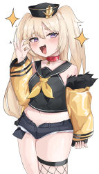 Rule 34 | 1girl, :d, absurdres, anchor hat ornament, arm behind back, azur lane, bache (azur lane), bare shoulders, black shorts, blonde hair, blush, breasts, clothes pull, collar, commentary request, cropped shirt, fang, half-closed eyes, hand up, hat, hat ornament, highres, hip focus, jacket, jacket pull, long hair, ltiki, micro shorts, midriff, navel, neckerchief, ok sign, open clothes, open jacket, open mouth, purple eyes, red collar, revealing clothes, sailor collar, shirt, shorts, single fishnet legwear, skindentation, sleeveless, sleeveless shirt, small breasts, smile, solo, sparkle, thighs, very long hair, yellow jacket, yellow neckerchief