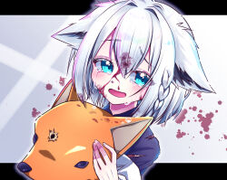 1girl ahoge ambulance animal_ear_fluff animal_ears aqua_eyes bleeding blood blood_on_clothes blood_on_face blood_splatter blush braid bullet_hole crying crying_with_eyes_open fox_ears fox_girl fox_mask hair_between_eyes headshot highres holding holding_mask hololive hololive_grand_theft_auto long_hair looking_at_viewer mask myarock open_mouth shirakami_fubuki side_braid single_braid smile solo tears virtual_youtuber white_hair