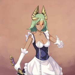 Rule 34 | 1girl, absurdres, alternate costume, breasts, brown background, brown eyes, cleavage, closed mouth, commentary, commission, dakkalot, dark skin, dark-skinned female, fire emblem, fire emblem heroes, gloves, gradient hair, green hair, hair ornament, highres, holding, holding sword, holding weapon, laegjarn (fire emblem), lipstick, maid, makeup, medium breasts, multicolored hair, nintendo, orange hair, short hair, simple background, solo, sword, weapon, white gloves
