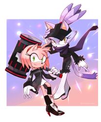 Rule 34 | 2girls, amy rose, animal ears, bad deviantart id, bad id, black headwear, blaze the cat, boots, cat ears, cat girl, cat tail, chickenramendevi, eyelashes, fingerless gloves, furry, furry female, gloves, green eyes, hairband, hammer, high heels, highres, holding, holding hammer, knee boots, looking at viewer, multiple girls, pink fur, ponytail, purple fur, purple scarf, red hairband, scarf, smile, sonic (series), tail, white footwear, white gloves, yellow eyes