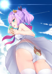Rule 34 | 1girl, absurdres, animal print, artist request, ass, azur lane, back-print panties, bear panties, bear print, blue eyes, blue sky, cloud, crown, day, dress, food, from below, hair ornament, high ponytail, highres, ice cream, ice cream cone, javelin (azur lane), long hair, mini crown, open mouth, outdoors, panties, pantyshot, ponytail, print panties, purple hair, retrofit (azur lane), sky, sleeveless, sleeveless dress, solo, standing, thighhighs, tilted headwear, underwear, white dress, white panties, white thighhighs