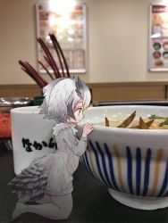 Rule 34 | 10s, 1girl, bird tail, bird wings, black hair, blonde hair, bowl, closed mouth, coat, cup, eyebrows, feathered wings, feathers, food, from side, full body, fur collar, grey coat, grey pantyhose, hair between eyes, head wings, highres, kemono friends, kneeling, kolshica, long sleeves, mini person, minigirl, multicolored hair, no shoes, northern white-faced owl (kemono friends), owl girl, oyakodon (food), pantyhose, photo background, restaurant, short hair, sideways mouth, smile, solo, tail, tareme, white hair, wings, yellow eyes