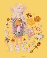 Rule 34 | 1girl, :o, animal ears, black bow, black ribbon, blue flower, bow, braid, candy, checkerboard cookie, cheese, cookie, cracker, cup, flower, food, hair flower, hair ornament, hair ribbon, holding, holding food, jacket, long hair, mouse (animal), mouse ears, original, pantyhose, pechika, pink hair, pom pom (clothes), purple jacket, ribbon, shirt, shorts, simple background, slippers, solo, spoon, striped clothes, striped shorts, sugar cube, tail, tail bow, tail ornament, teabag, teacup, thick eyebrows, twitter username, white flower, white footwear, white shirt, yellow background