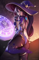 Rule 34 | 1girl, ass, black hair, breasts, genshin impact, green eyes, hat, highres, jackary, leotard, looking at viewer, looking to the side, mona (genshin impact), ponytail, small breasts, thighs, witch hat