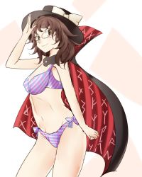 Rule 34 | 1girl, adapted costume, bikini, breasts, brown hair, cape, glasses, hat, jyaoh0731, looking at viewer, medium breasts, one-hour drawing challenge, short twintails, simple background, solo, swimsuit, touhou, twintails, usami sumireko, wavy hair
