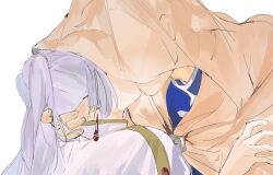 Rule 34 | 1boy, 1girl, blush, capelet, cloak, couple, covered face, ear blush, earrings, frieren, from side, grey hair, hand in another&#039;s hair, hand on another&#039;s arm, hand on another&#039;s ear, hand on another&#039;s neck, hand up, hetero, highres, himmel (sousou no frieren), hood, hood up, hooded cloak, jewelry, katkat 0, kiss, long hair, pointy ears, shared clothes, simple background, sousou no frieren, upper body, white capelet