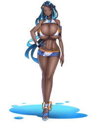 Rule 34 | 1girl, absurdres, bare shoulders, bikini, bikini top only, blue eyes, blue hair, blue shorts, breasts, bursting breasts, creatures (company), crop top, dark-skinned female, dark skin, full body, game freak, gloves, highres, huge breasts, long hair, looking at viewer, midriff, multicolored hair, navel, nessa (pokemon), nintendo, parted lips, pokemon, pokemon swsh, puddle, sandals, shiny skin, shorts, simple background, single glove, skindentation, sleeveless, solo, standing, swimsuit, toes, two-tone hair, white background, wolffeld price