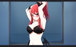 Rule 34 | 1girl, adjusting hair, armpits, arms up, bat wings, bespectacled, black bra, blush, bra, breasts, commentary request, glasses, head wings, koakuma, large breasts, looking at viewer, low wings, navel, pointy ears, red-framed eyewear, red eyes, red hair, solo, touhou, underwear, upper body, wall, window, wings, yumi (careca398)