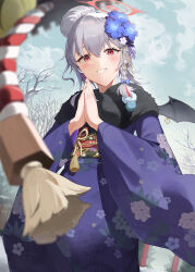 Rule 34 | 1girl, absurdres, bat wings, blue archive, blue flower, blurry, blush, braid, cloud, commentary, depth of field, floral print, flower, fur-trimmed kimono, fur trim, grey hair, hair bun, hair flower, hair ornament, halo, haruna (blue archive), haruna (new year) (blue archive), highres, japanese clothes, kimono, looking at viewer, looking down, obi, official alternate costume, open mouth, outdoors, own hands together, praying, print kimono, purple kimono, red eyes, red halo, same (samefgo), sash, side braid, single hair bun, sky, smile, snow, solo, tree, wide sleeves, wing ornament, wings