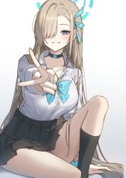Rule 34 | 1girl, aqua bow, aqua bowtie, aqua eyes, arm support, asuna (blue archive), black choker, black skirt, black socks, blue archive, blush, bow, bowtie, breasts, button gap, choker, collarbone, commentary, fingernails, foreshortening, hair over one eye, hair ribbon, halo, knee up, kneehighs, large breasts, light brown hair, long hair, looking at viewer, nail polish, one eye covered, open collar, pleated skirt, ribbon, scrunchie, shirt, shirt tucked in, simple background, sitting, skirt, skirt rolled up, smile, socks, solo, v, very long hair, white background, white shirt, wohinya, wrist scrunchie