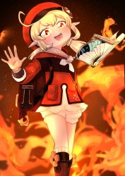 Rule 34 | 1girl, :d, absurdres, ahoge, backpack, bad id, bad pixiv id, bag, bloomers, book, boots, brown footwear, brown gloves, brown scarf, cabbie hat, clover print, coat, commentary request, fire, floating, floating book, floating object, from side, genshin impact, gloves, hair between eyes, hat, hat ornament, head tilt, highres, klee (genshin impact), knee boots, kneehighs, light brown hair, long hair, long sleeves, looking at viewer, looking to the side, low twintails, open mouth, orange eyes, pocket, pointy ears, randoseru, red coat, red hat, scarf, shaded face, sidelocks, smile, socks, solo, surubei (user veag4558), twintails, underwear