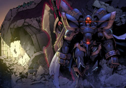 Rule 34 | alphamon, armor, cape, debris, digimon, digimon (creature), full armor, glowing, glowing eyes, highres, horns, no humans, red eyes, royal knights, ruins, sasasi, shoulder pads, torn cape, torn clothes, weapon