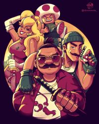 Rule 34 | 1girl, 3boys, arm around shoulder, artist name, banknote, blonde hair, breasts, bruno mota, chain, cleavage, counting money, crown, detached sleeves, earrings, facial hair, fat, fat man, fingerless gloves, gloves, gold chain, green gloves, green headwear, half-closed eyes, highres, holding, holding money, holding mushroom, jacket, jewelry, katana, looking at object, looking at viewer, luigi, male focus, mario, mario (series), money, multiple boys, mushroom, mustache, nintendo, princess peach, red gloves, red jacket, shirt, sunglasses, super mario bros. 1, super mushroom, sword, teeth, toad (mario), upper teeth only, weapon, white headwear, white shirt