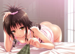 Rule 34 | 1girl, 40010prototype, ass, bed, bent over, bottomless, brown hair, camisole, downblouse, flat chest, hair ornament, hand on own head, nipple slip, nipples, no panties, open mouth, panties, panty pull, solo, to love-ru, underwear, underwear only, yuuki mikan