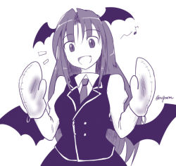 Rule 34 | 1girl, :d, bat wings, fang, head wings, koakuma, long hair, looking at viewer, low wings, monochrome, musical note, necktie, open mouth, oven mitts, simple background, smile, solo, taurine 8000mg, touhou, twitter username, white background, wings