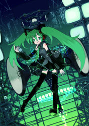 Rule 34 | enchi, green eyes, green hair, hatsune miku, microphone, microphone stand, necktie, solo, thighhighs, twintails, vocaloid