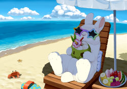 Rule 34 | animal focus, beach, blue sky, chair, cloud, cloudy sky, coconut cup, crab, day, drink, drinking, facing viewer, food, fruit, furry, grapes, holding, holding drink, horizon, leaning back, lilac (p-f easy), lounge chair, no humans, ocean, original, outdoors, plate, rabbit, sand, sandals, shade, shore, sitting, sky, star-shaped eyewear, star (symbol), starfish, strawberry, sunglasses, umbrella, watermelon, watermelon slice