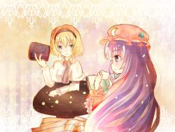 Rule 34 | 2girls, alice margatroid, book, crescent moon, cup, drinking, female focus, hairband, hat, moon, multiple girls, munieru, patchouli knowledge, table, teacup, touhou