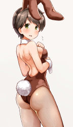 Rule 34 | 10s, 1girl, absurdres, animal ears, ass, backless outfit, bare back, bare shoulders, beige background, blush, breasts, brown hair, cowboy shot, detached collar, embarrassed, eyebrows, fake animal ears, fishnet pantyhose, fishnets, flying sweatdrops, from behind, green eyes, hairband, hand on own chest, highres, kantai collection, leotard, looking at viewer, md5 mismatch, medium breasts, mogami (kancolle), okitsugu, pantyhose, playboy bunny, rabbit ears, rabbit tail, resized, resolution mismatch, sideboob, simple background, solo, source smaller, standing, tail, upscaled, wrist cuffs