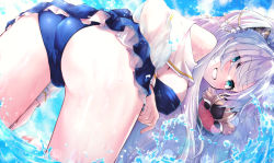 Rule 34 | 1girl, anastasia (fate), anastasia (swimsuit archer) (fate), anastasia (swimsuit archer) (third ascension) (fate), ass, bare shoulders, beach, bent over, bikini, blue bikini, blue eyes, blue skirt, blue sky, blush, bow, breasts, doll, fate/grand order, fate (series), food, fruit, grin, hair bow, hair over one eye, harii (janib5kc), highres, large breasts, long hair, long sleeves, looking at viewer, looking back, miniskirt, ocean, ponytail, puffy long sleeves, puffy sleeves, skirt, sky, smile, swimsuit, thighs, very long hair, viy (fate), wading, water, watermelon, watermelon slice, white hair