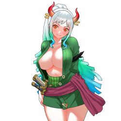 Rule 34 | 1girl, aqua hair, areola slip, bare legs, breasts, cleavage, closed mouth, contrapposto, cosplay, dot nose, female focus, head tilt, horns, large breasts, legs together, multicolored hair, no bra, one piece, open clothes, roronoa zoro (cosplay), simple background, smile, solo, standing, tsurime, two-tone hair, v-shaped eyebrows, white background, white hair, yamato (one piece)