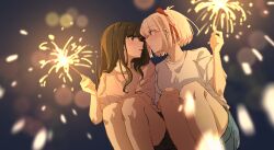 Rule 34 | 2girls, absurdres, black hair, black shorts, blonde hair, blue shorts, blurry, blush, bob cut, bokeh, chinese commentary, closed mouth, commentary, depth of field, eye contact, fafayu, fireworks, hair ribbon, highres, holding, holding fireworks, inoue takina, long hair, looking at another, lycoris recoil, multiple girls, night, nishikigi chisato, one side up, parted lips, purple eyes, red eyes, red ribbon, ribbon, shirt, short hair, short sleeves, shorts, sidelocks, sparkler, squatting, t-shirt, white shirt, yuri